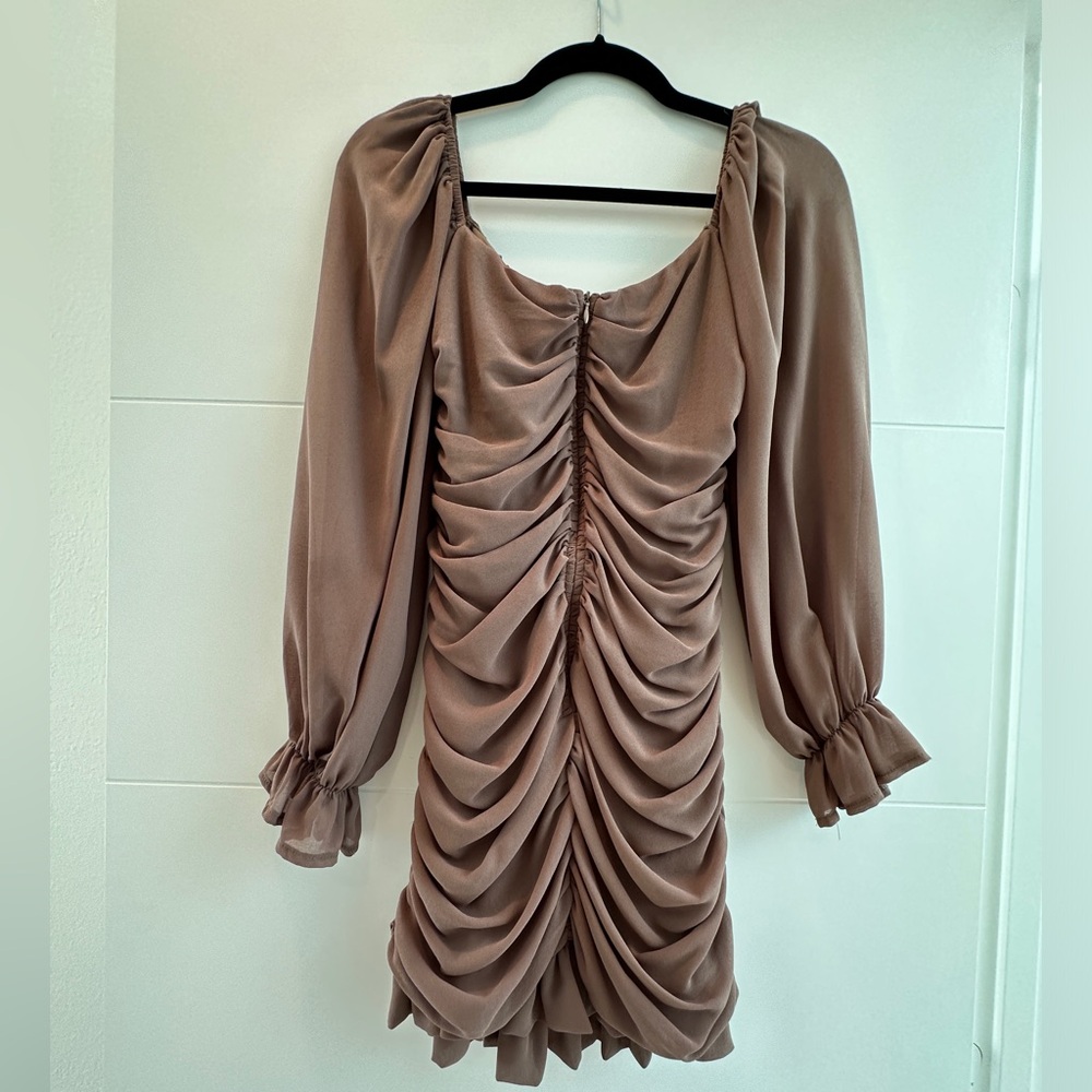 Blush Tan Long Sleeve Ruched Mini Dress | Ruffle Hem | Formal Party | Size M - Picture 8 of 10
